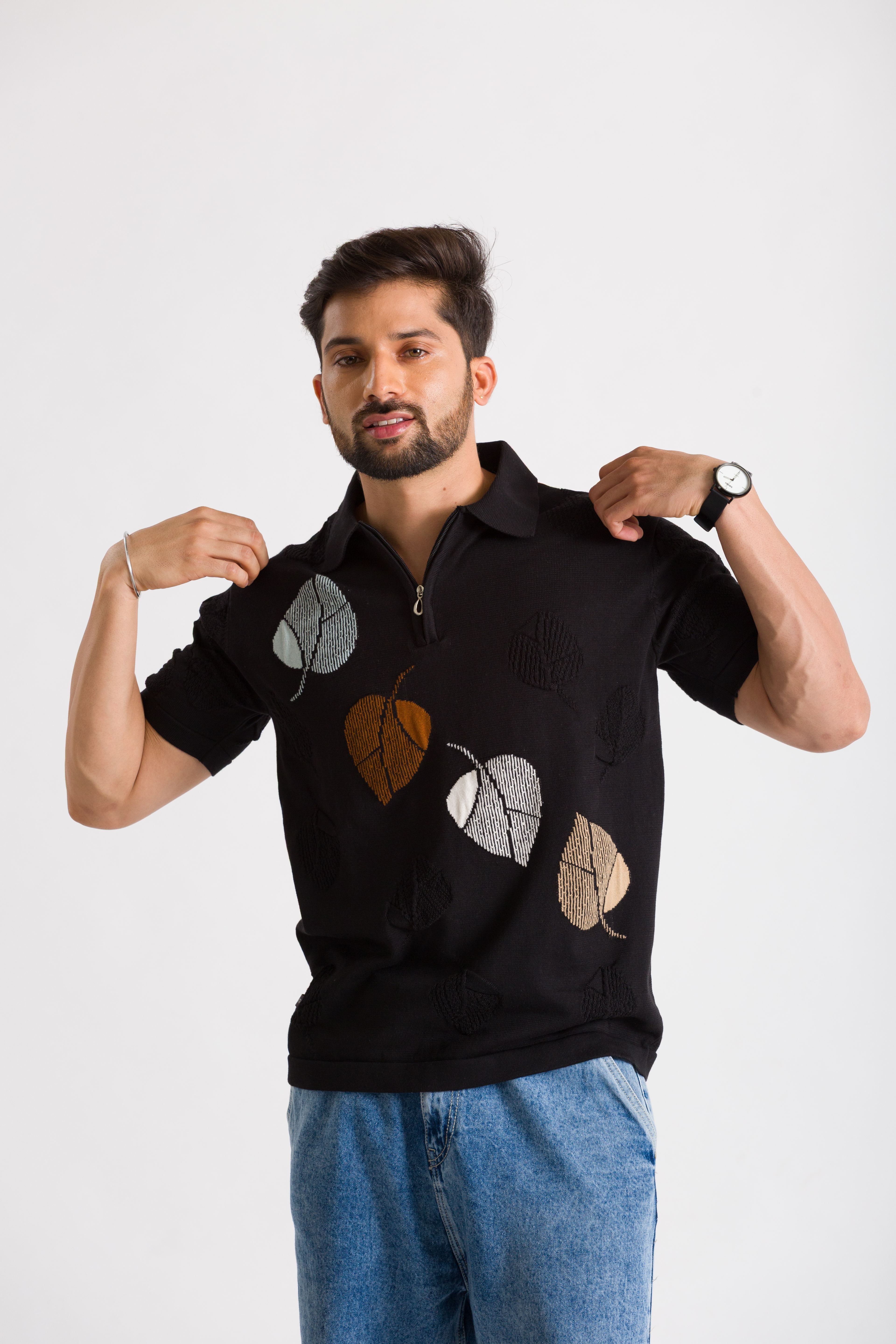 Knitted Black Leaf Design Polo T-Shirt